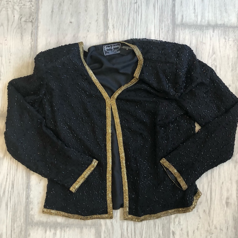 Black Gold Beaded Cardigan 100% Silk Evening Jacket 1980's Shoulder Pads holiday